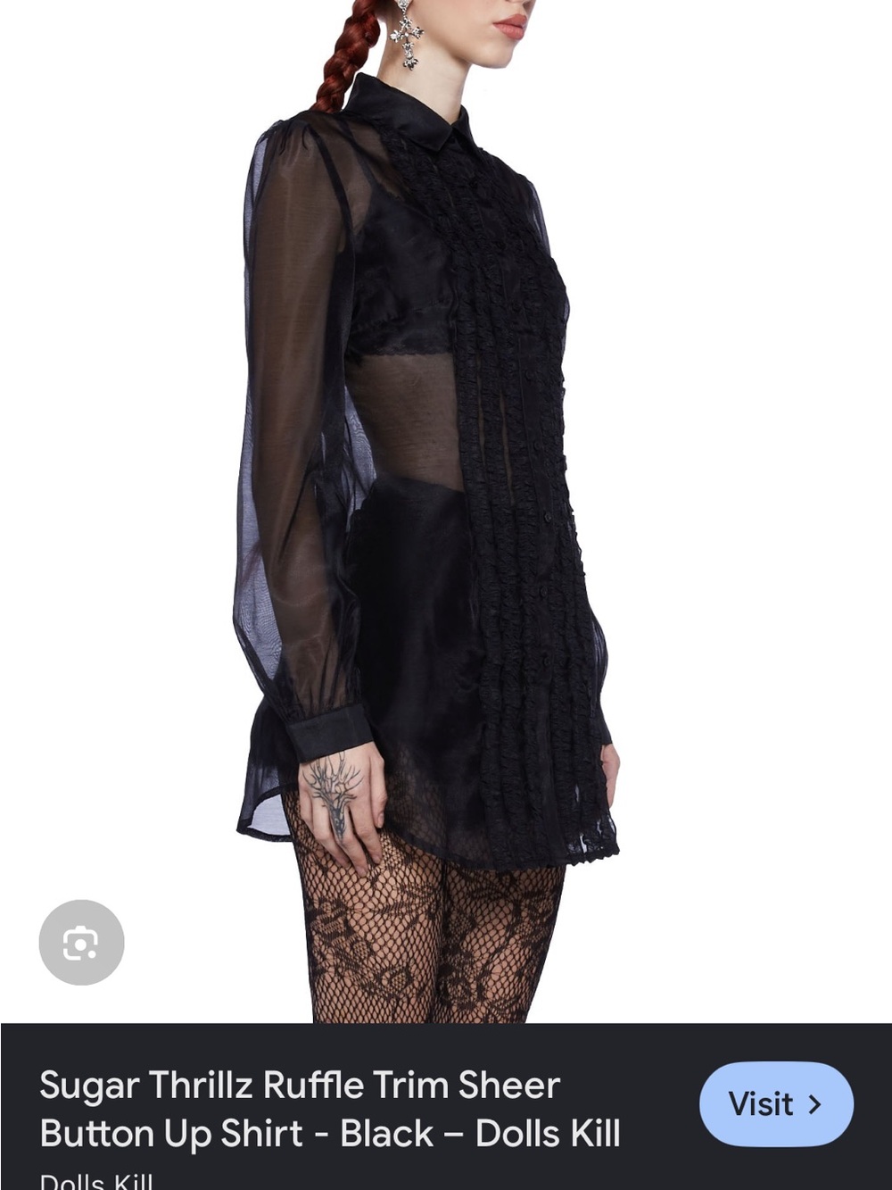 Sugar Thrillz Black Ruffle-Front Sheer Button-Up Shirt clueless